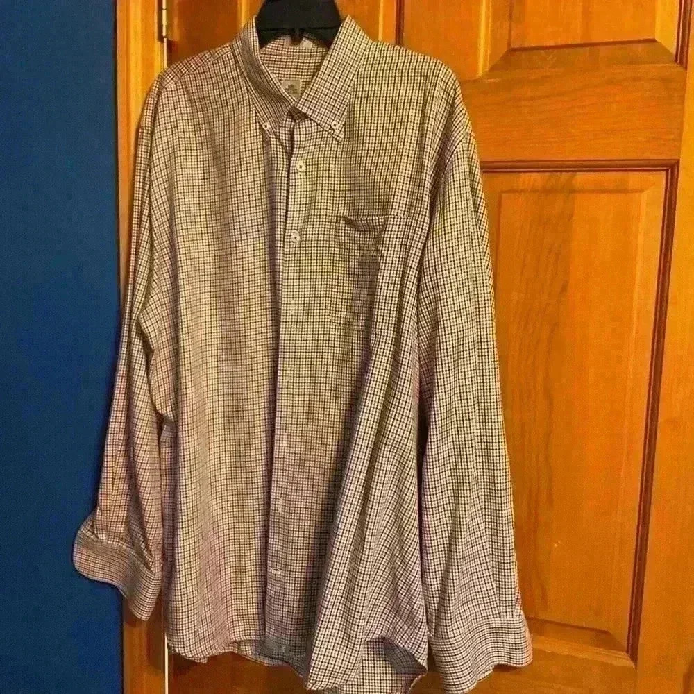 Peter Millar purple, black and white plaid button down long sleeve. Size XL